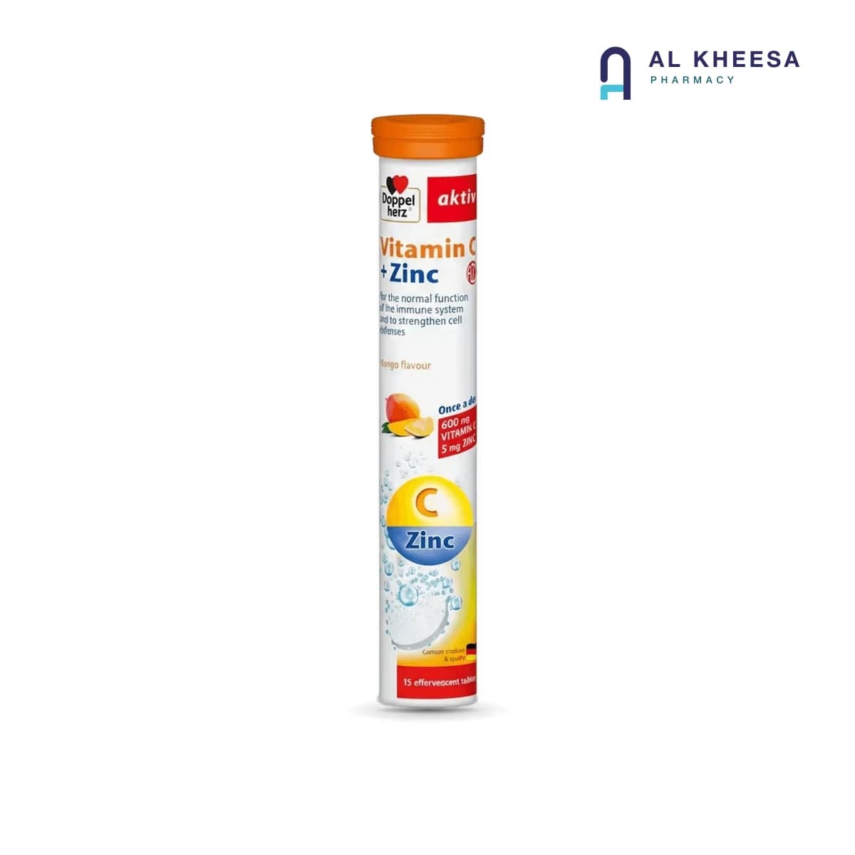 Doppelherz Aktiv Vitamin C + Zinc 600mg Effervescent Tablets – Orange & Passion Fruit – 15 Tablets