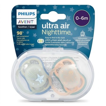 Philips Avent Ultra Air Nighttime Pacifier 0–6 Months (2-Pack) – Glow-in-the-Dark Orthodontic Silicone Soother
