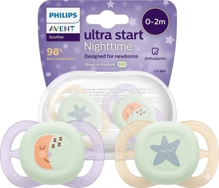 Philips Avent Ultra Start Nighttime Soother 0–2 Months for Girls (2-Pack) – Glow-in-the-Dark Orthodontic Pacifier