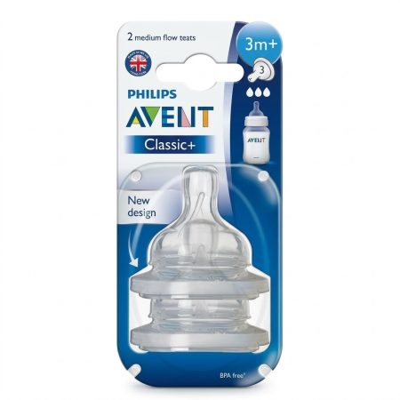 Philips Avent Classic Plus Baby Bottle Teats – 3 Hole (3m+) Fast Flow, BPA-Free Silicone, Pack of 2